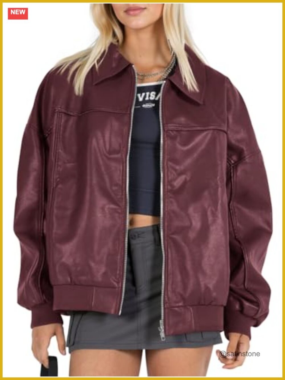 Womens Faux Leather Jacket Oversized Bomber Zip Motor Biker Coat